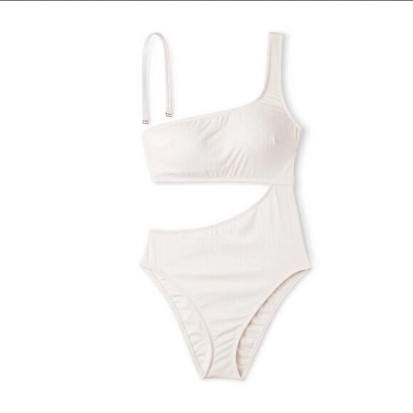 Women's Ribbed One Shoulder Cut Out One Piece Swimsuit - Shade & Shore Off-White - Picture 3 of 6